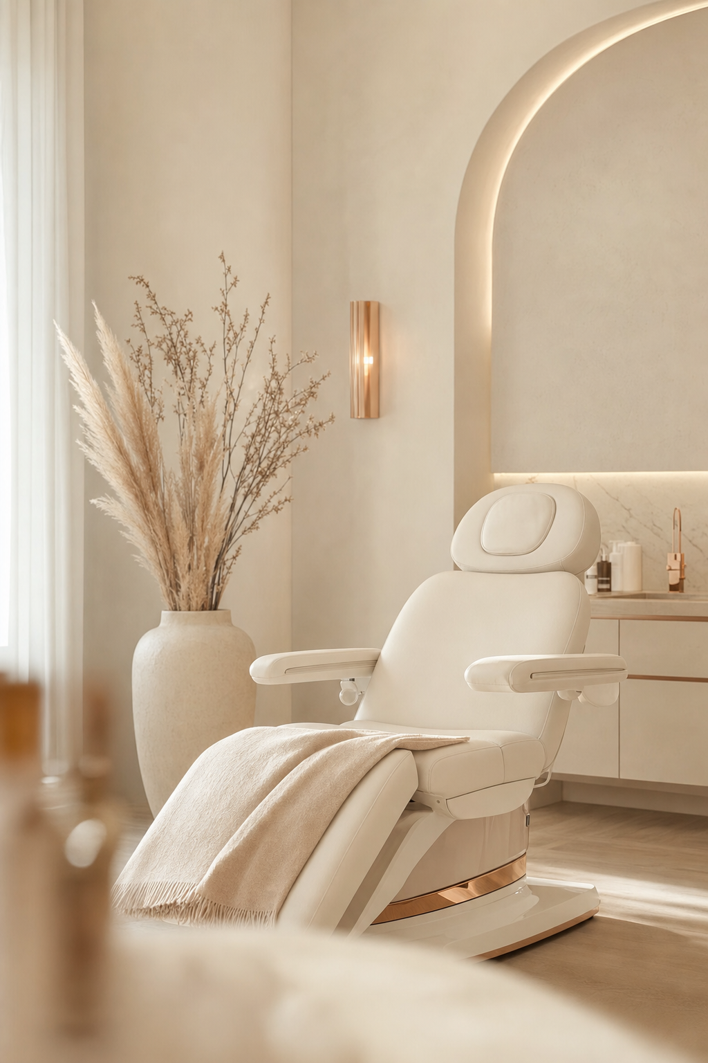 A calm, modern aesthetic clinic treatment room in warm ivory tones